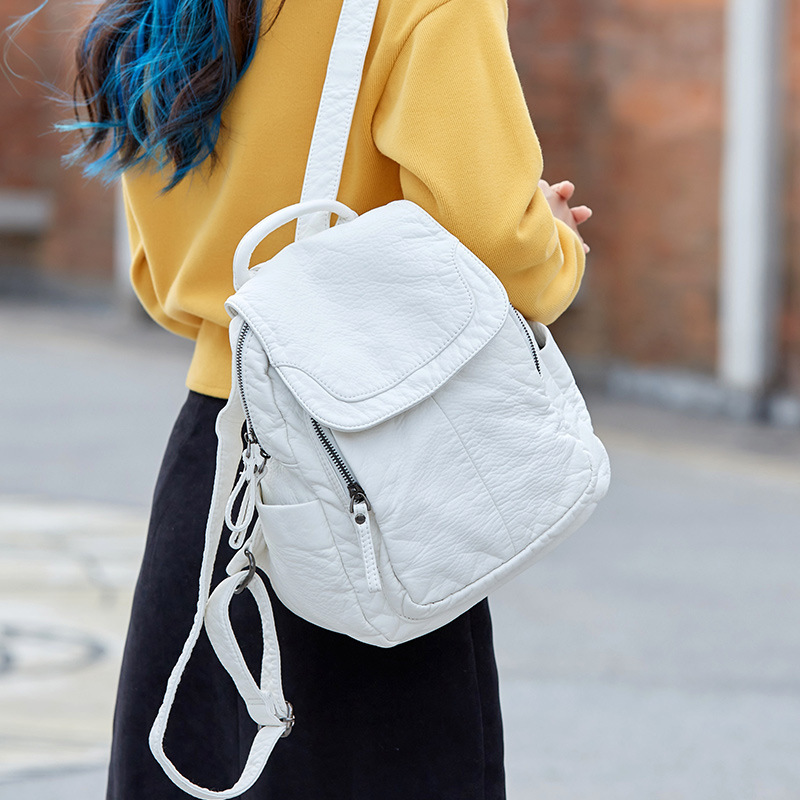 Mochila de couro branca lavada - Fashion Backpack Women avaliação e preço